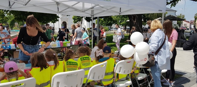 dzieci z przedszkola siedzą przy stołach z zabawami podczas pikniku