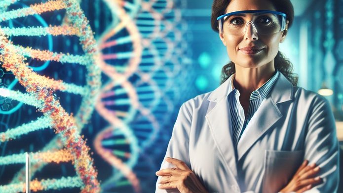 Kobieta naukowiec w laboratorium na pierwszym planie, w tle nić DNA